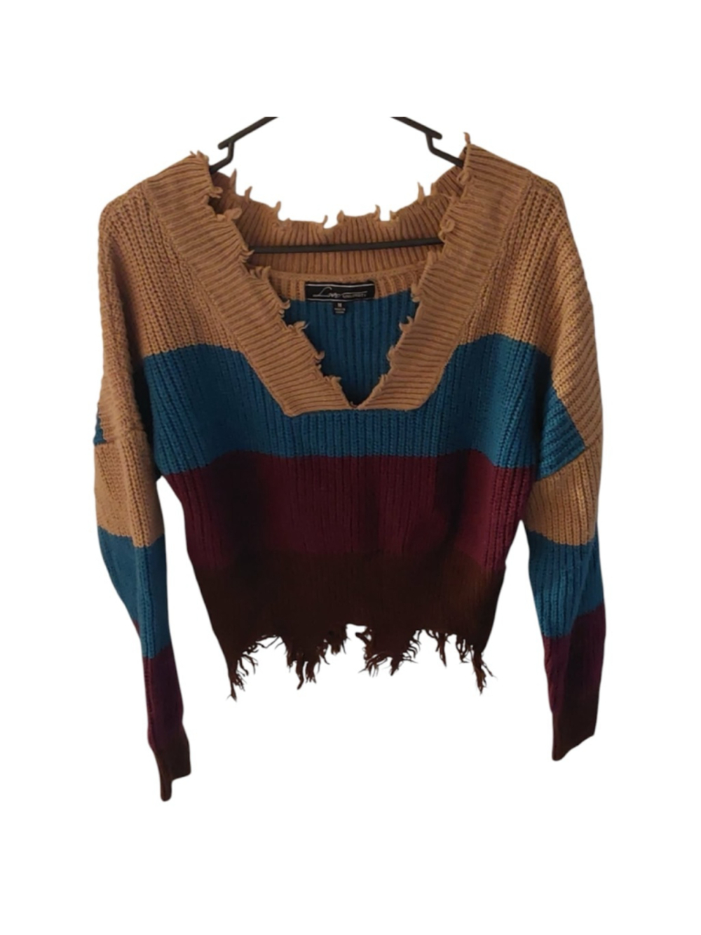 Love University Color Block Distressed V-Neck Sweater Size Medium